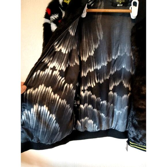 Heurueh Real People Faux Fur Bomber Jacket Black Designer Graffiti Back - Picture 8 of 8